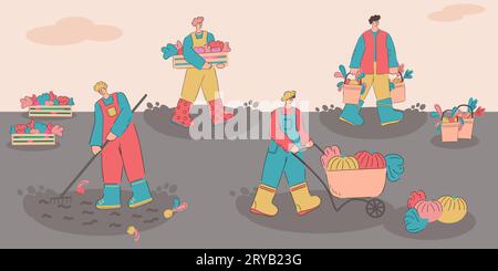 Un ensemble de personnages qui récoltent. Travaux agricoles d'automne. Illustration plate Illustration de Vecteur