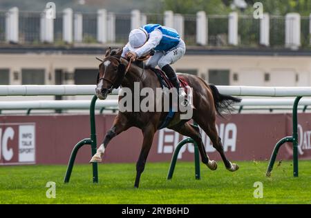 30 septembre 2023, Paris, France. Double Major et jockey Maxime Guyon remportent le Qatar Prix Chaudenay pour l’entraîneur C. Ferland et les propriétaires Wertheimer & Frere Credit : JTW Equine Images/Alamy Live News Banque D'Images