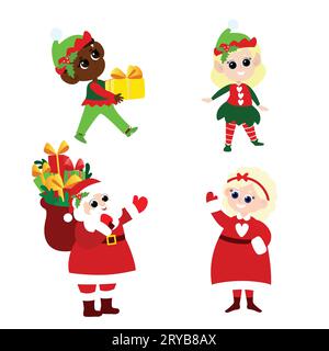 Ensemble du Père Noël, Mme Père Noël, elfes dans le style de bande dessinée isolé sur fond blanc. Personnages de Noël mignons et positifs. Illustration de Vecteur