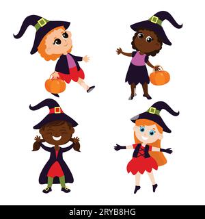 Mignonnes sorcières avec les cheveux rouges dans un costume avec un panier dans leurs mains. Ensemble d'illustration d'Halloween dans le style de bande dessinée isolé sur fond blanc. Illustration de Vecteur