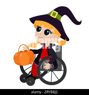 Petite fille mignonne dans un costume de sorcière assis sur un fauteuil roulant. L'enfant tient dans ses mains un panier de citrouille pour les bonbons. Bébé mignon dans le style de bande dessinée isoler Illustration de Vecteur