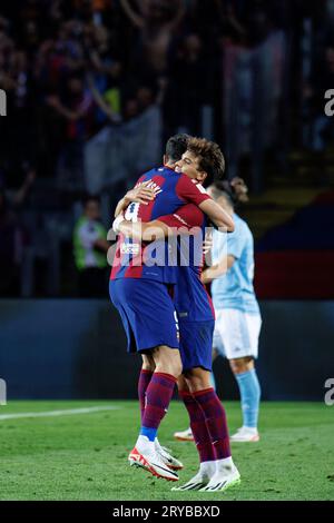 Barcelone, Espagne. 23 septembre 2023. Felix (R) Lewandowski (G) célèbre après avoir marqué un but lors du match de LaLiga EA Sports entre le FC Barcelone et Banque D'Images