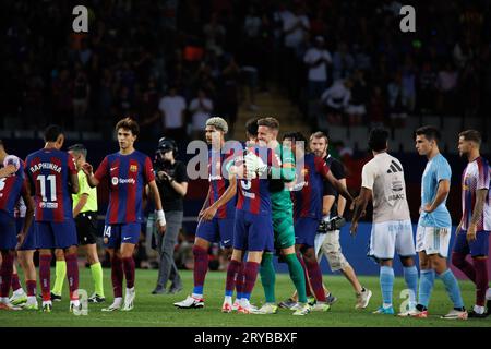 Barcelone, Espagne. 23 septembre 2023. Les joueurs de Barcelone célèbrent la victoire après le match de LaLiga EA Sports entre le FC Barcelone et le RC Celta de Vigo A. Banque D'Images