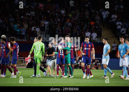 Barcelone, Espagne. 23 septembre 2023. Les joueurs de Barcelone célèbrent la victoire après le match de LaLiga EA Sports entre le FC Barcelone et le RC Celta de Vigo A. Banque D'Images