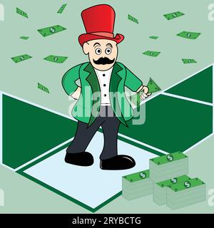 Illustration vectorielle de Happy Rich Business homme carton caractère debout de l'argent liquide tombant sur le fond Illustration de Vecteur