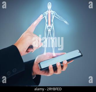 Personne, mains et téléphone avec hologramme de corps, rayon X ou maquette pour l'anatomie sur un fond de studio. Gros plan sur la technologie future ou les données médicales avec Banque D'Images