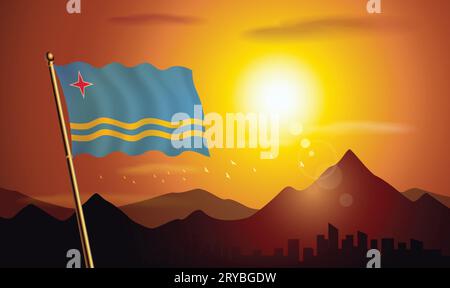 Drapeau Aruba avec fond de coucher de soleil des montagnes et des lacs Illustration de Vecteur