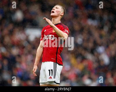 Rasmus Hojlund de Manchester United réagit après une chance manquée lors du match de Premier League à Old Trafford, Manchester. Date de la photo : Samedi 30 septembre 2023. Banque D'Images