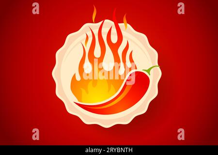 Icône de piment de vecteur avec le feu. Logo vectoriel avec piment rouge avec flamme. Emblème rétro avec piment chaud et feu. Illustration de Vecteur