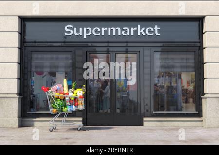 Extérieur du supermarché avec chariot plein de nourriture. illustration 3d. Banque D'Images