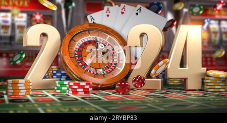 2024 bonne année au casino. Numéros 2024 de la roulette, casiino jetons avec dés et carte sur la table verte. illustration 3d. Banque D'Images