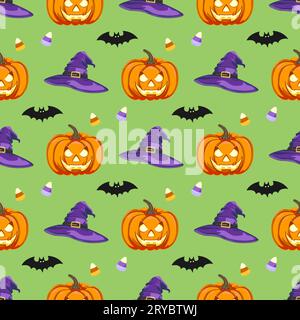 Modèle sans couture avec des symboles Halloween. Fond avec jack-o-lanterne, chapeau de sorcière, maïs bonbon, chauve-souris. Pour papier peint, papier cadeau, tissu, décoration de vacances Illustration de Vecteur