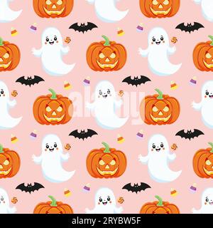 Modèle sans couture avec des éléments Halloween. Fond enfantin avec fantôme, citrouille, bonbons, chauve-souris sur rose. Pour papier peint, papier cadeau, tissu, déco de vacances Illustration de Vecteur