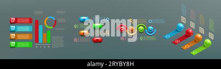 Infographie 3D. 4 onglets modernes dorés pour la présentation. Ruban abstrait et boutons de boule. Diagramme de flux numérique avec des chiffres. Mise en page couleur de l'infographie de rapport d'entreprise. Jeu de bannières de processus de travail Vector Illustration de Vecteur