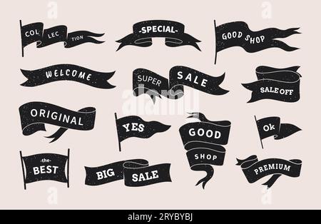 Logo drapeau. Fanion ondulé vintage. Bannière dessinée à la main pour la vente rétro. Badge ancien style. Réduction boutique. Étiquette de promotion shopping. Rubans grunge monochromes avec lettrage. Ensemble d'éléments graphiques vectoriels Illustration de Vecteur