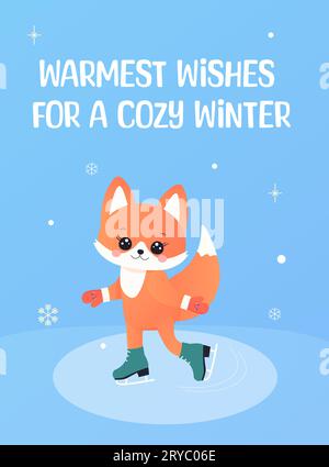 carte d'hiver, voeux, nouvel an et noël. avec un renard mignon. Illustration de Vecteur
