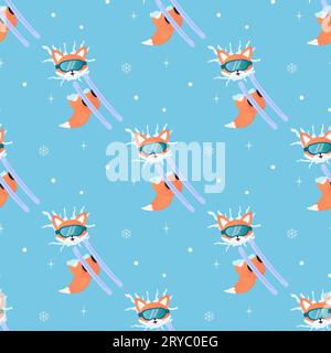 sports d'hiver renard sur skis, luge, snowboard, patins. motif sans couture. sur fond bleu Illustration de Vecteur