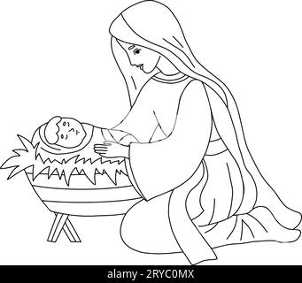 Joyeux Noël. Vierge Marie et bébé Jésus dans la crèche. Naissance du Sauveur Christ. Illustration vectorielle. Dessinez à la main un doodle pour Noël desig Illustration de Vecteur