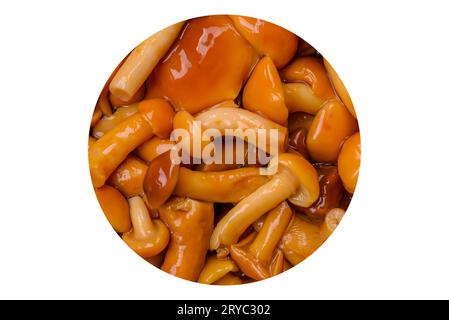 Délicieux champignons au miel marinés avec du sel et des épices dans une assiette en céramique sur un fond texturé foncé Banque D'Images
