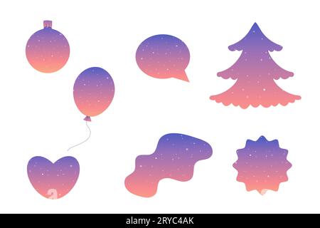 figurines hivernales, silhouettes. Jouet, coeur, arbre de Noël, dégradé, paillettes, bulle, éléments. Illustration vectorielle bleue et rose Illustration de Vecteur