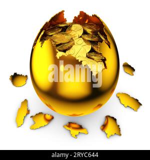 oeuf d'or brisé avec des pièces de pourcentage sur fond blanc Banque D'Images