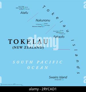Tokélaou, territoire dépendant de la Nouvelle-Zélande, carte politique. Archipel du Pacifique Sud composé des atolls Atafu, Nukunonu et Fakaofo. Banque D'Images