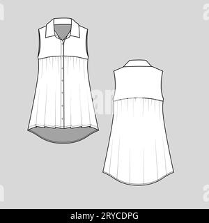 Femmes revers sans manches col chemise à bouton entièrement ouvert panneau de bouton rassemblement ourlet plongeant haut blouse Fashion Flat esquisse modèle de dessin technique cad Illustration de Vecteur