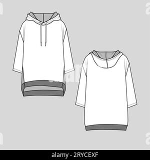 Sweat à capuche mode femme long sweat-shirt goutte épaule bas poignet côtelé ourlet plongeant cad maquette plate esquisse technique modèle de dessin vecteur de conception Illustration de Vecteur