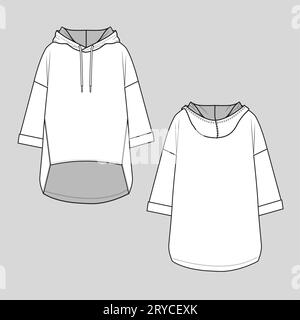 Sweat-shirt à capuche mode femme goutte épaule avant détail du bas plongeant ourlet roll up manche plate esquisse technique modèle de dessin vecteur de conception Illustration de Vecteur