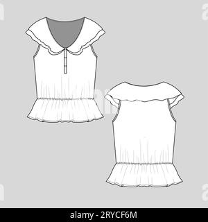 Femmes Fashion Ruffle haut de la taille rassemblement panneau bouton col v T-shirt haut blouse plat esquisse maquette technique modèle de dessin vecteur de conception Illustration de Vecteur