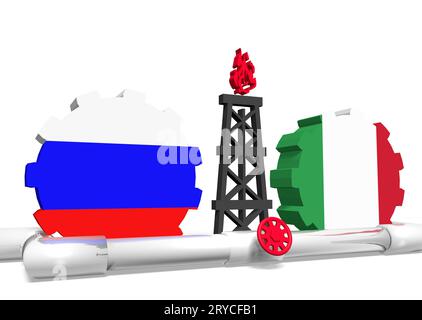Drapeaux russes et italiens sur les engrenages, plate-forme de gaz, pipeline Banque D'Images