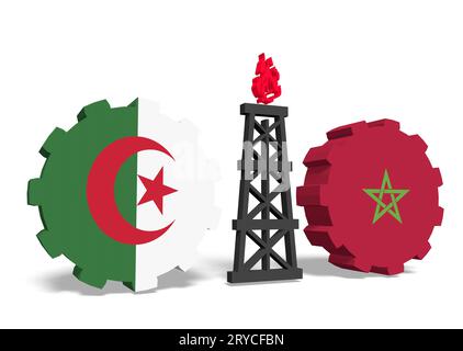 L'Algérie et le maroc drapeaux sur des engins, plate-forme de gaz entre eux Banque D'Images