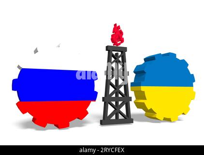 Drapeaux russes et ukrainiens sur des engins, plate-forme de gaz entre eux Banque D'Images