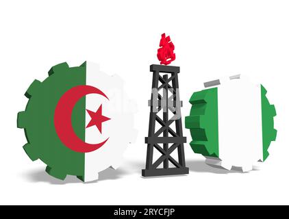 L'Algérie et le nigeria drapeaux sur des engins, plate-forme de gaz entre eux Banque D'Images