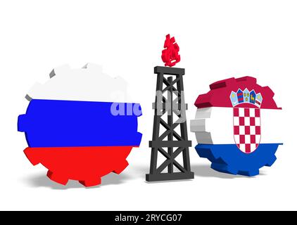 Drapeaux russes et croates sur des engins, plate-forme de gaz entre eux Banque D'Images