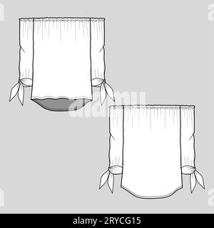 Femmes hors épaule rassemblement manche noeud noeud ourlet plongeant mode haut chemisier maquette technique dessin plat vecteur de conception Illustration de Vecteur