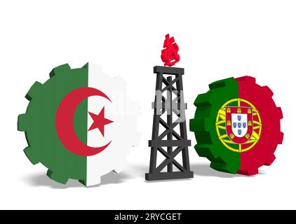 L'Algérie et le portugal drapeaux sur des engins, plate-forme de gaz entre eux Banque D'Images