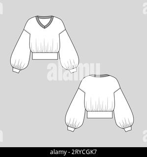 Femmes Sweatshirt goutte à goutte épaule Balloon Sleeve rassemblement V col en V ourlet mode Sweatshirt plat esquisse cad modèle de dessin technique Illustration de Vecteur