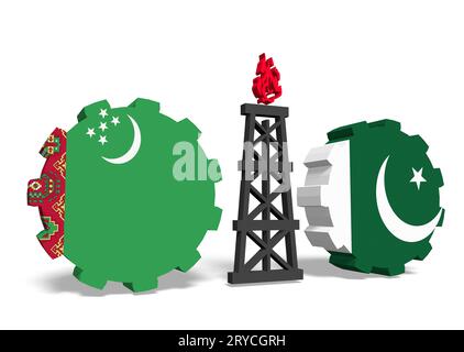 Le Turkménistan et le pakistan drapeaux sur des engins, plate-forme de gaz entre eux Banque D'Images