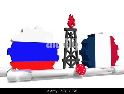 Drapeaux russes et français sur les engrenages, plate-forme de gaz, pipeline Banque D'Images