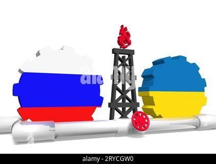 Drapeaux russes et ukrainiens sur les engrenages, plate-forme de gaz, pipeline Banque D'Images