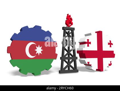 Azerbaïdjan et géorgie drapeaux sur des engins, plate-forme de gaz entre eux Banque D'Images