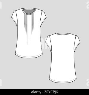 Femme Front Pleat Puff Sleeve Crew Neck Fashion Pleated T shirt Top Blouse CAD Flat Sketch vecteur de conception de modèle de dessin technique Illustration de Vecteur