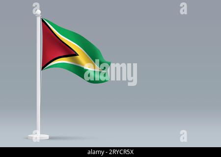 Drapeau national Guyana réaliste 3d isolé sur fond gris avec copyspace Illustration de Vecteur