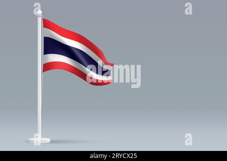 Drapeau national réaliste de Thaïlande 3d isolé sur fond gris avec copyspace Illustration de Vecteur