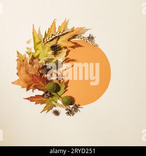 Couronne d'automne faite de feuilles sèches tombées, épi de blé et fruits de platane. Disposition de cadre rond naturel avec carte de papier. Pose à plat. Banque D'Images