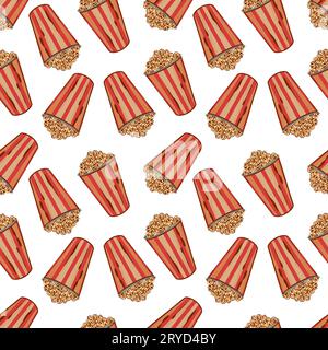 Pop-corn dans un panier, motif sans couture sur un fond blanc. Illustration vectorielle. Cartes de vœux, invitations, couvertures, textiles, papier d'emballage. Illustration de Vecteur