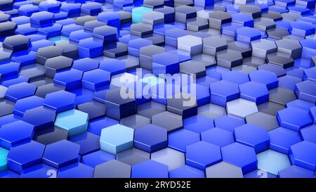 Un réseau d'hexagones blue hue, qui changer la hauteur. 3D render. Banque D'Images