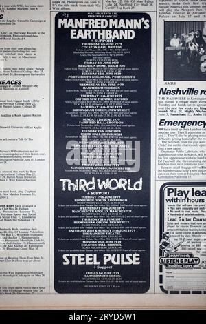 Publicité pour concerts dans le numéro des années 1970 de NME New musical Express Music Paper - Manfred Manns Earthband Third World Steel Pulse Banque D'Images