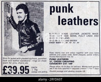 Publicité pour les vestes en cuir punk dans le numéro des années 1970 de NME New musical Express Music Paper Banque D'Images